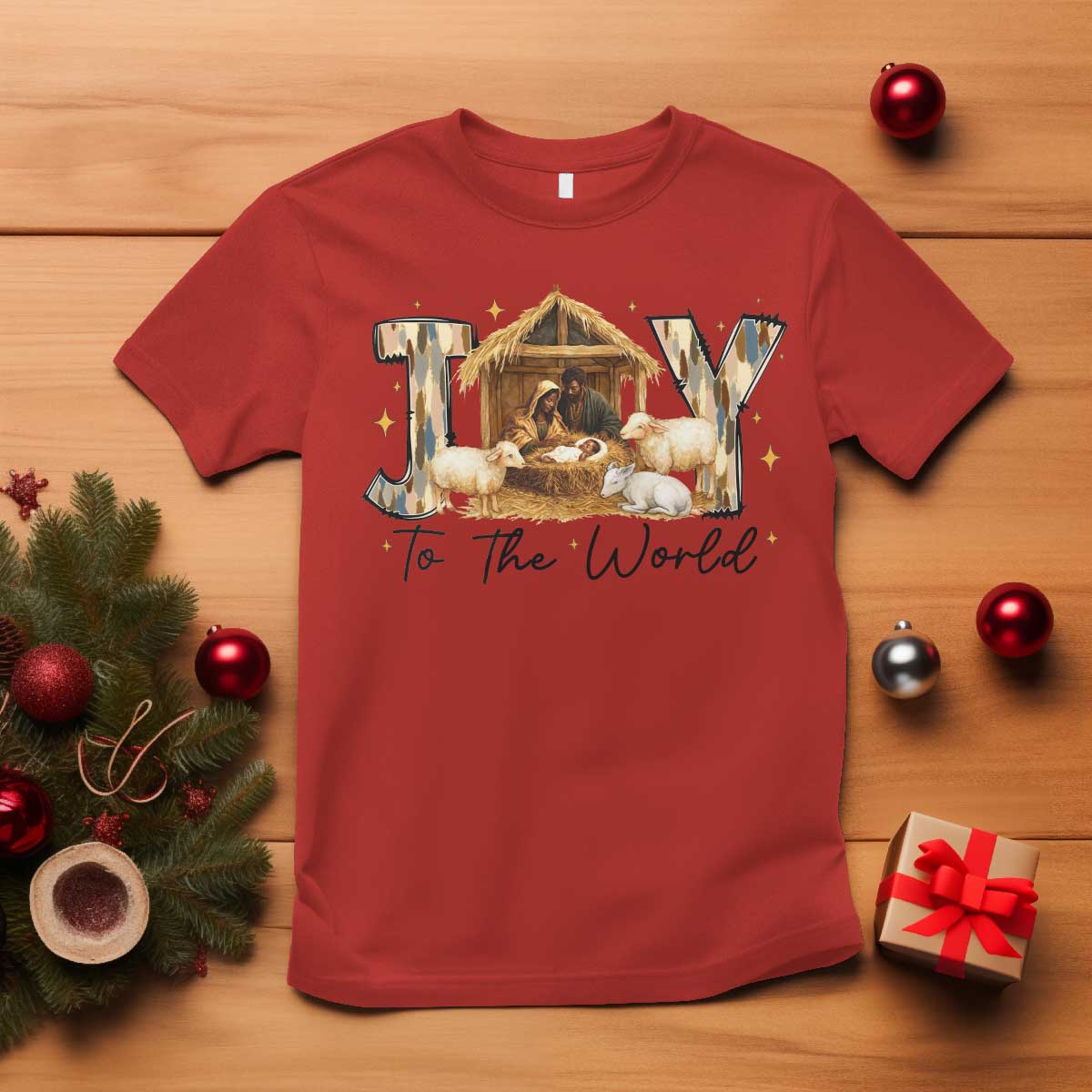 African American Christmas Nativity Scene T Shirt Joy To The World Afro Black Jesus - African Pride