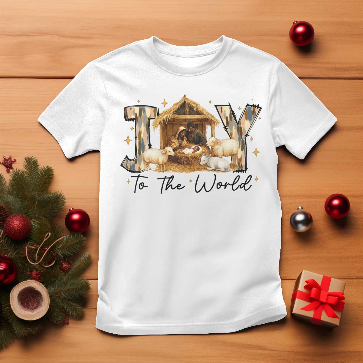 African American Christmas Nativity Scene T Shirt Joy To The World Afro Black Jesus - African Pride