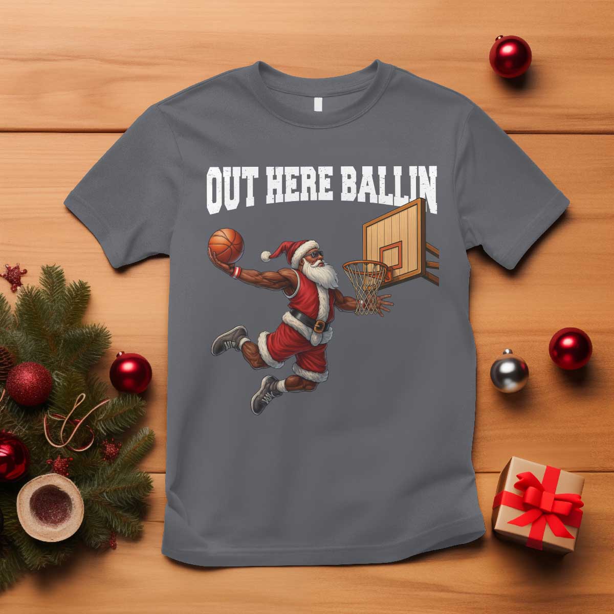 Funny Black Santa Christmas Basketball T Shirt Out Here Ballin Xmas Santa Sport - African Pride