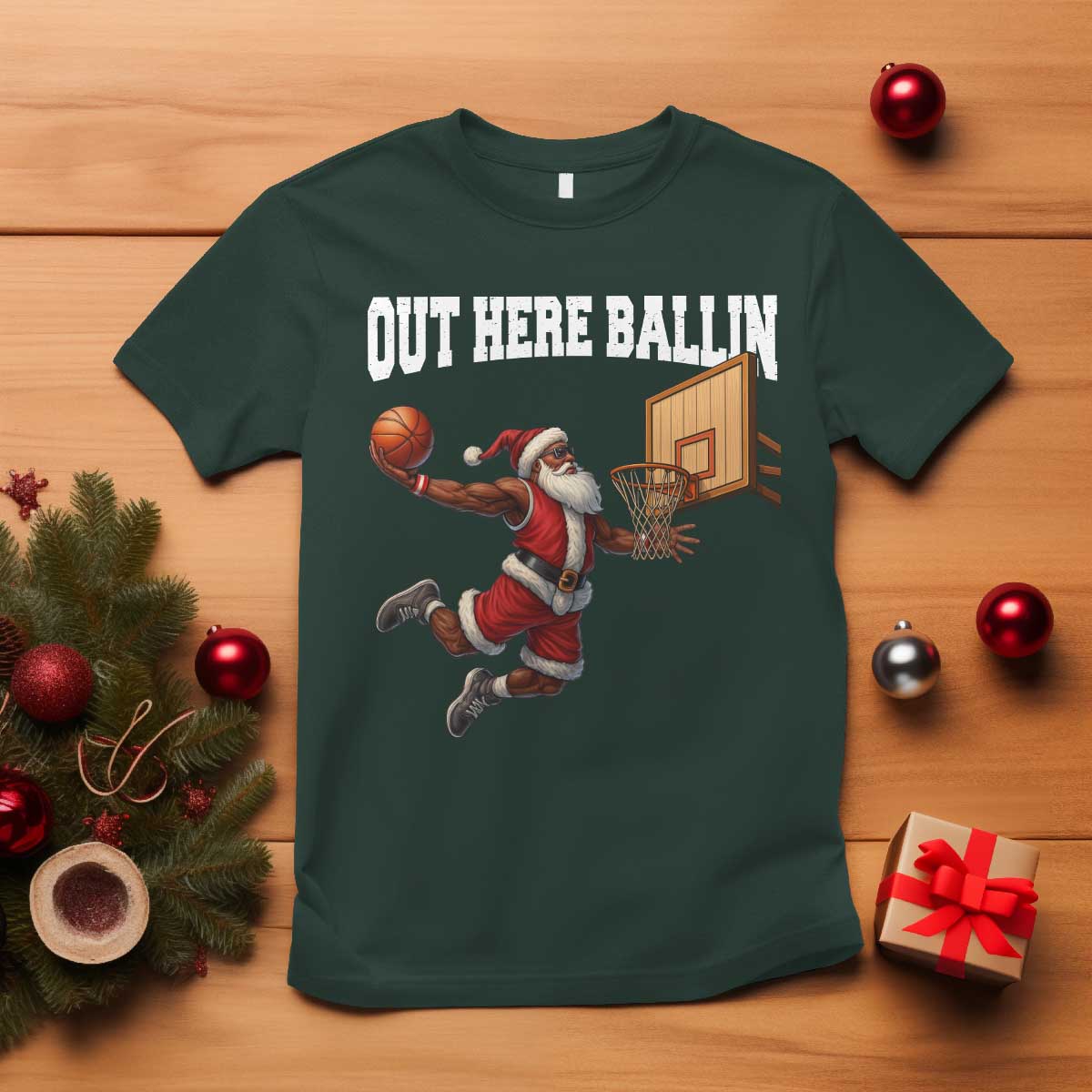 Funny Black Santa Christmas Basketball T Shirt Out Here Ballin Xmas Santa Sport - African Pride
