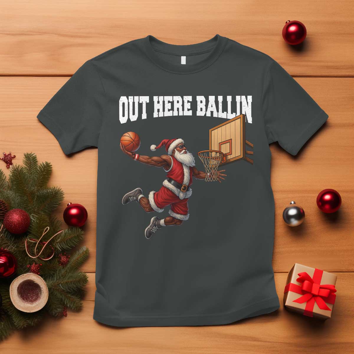 Funny Black Santa Christmas Basketball T Shirt Out Here Ballin Xmas Santa Sport - African Pride