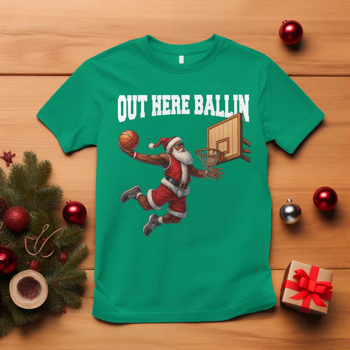 Funny Black Santa Christmas Basketball T Shirt Out Here Ballin Xmas Santa Sport - African Pride