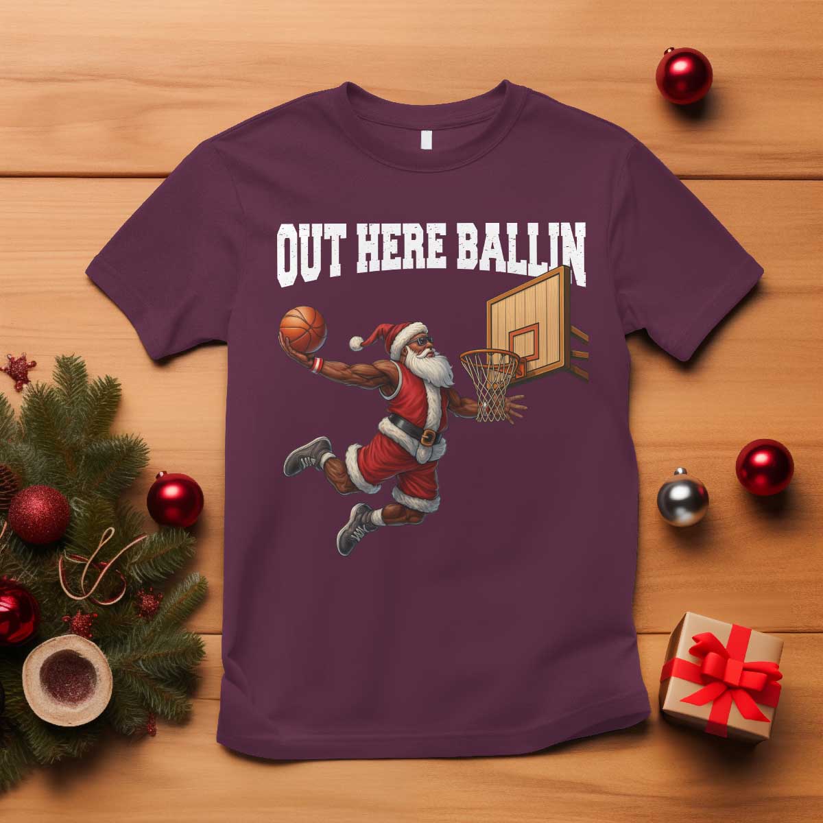 Funny Black Santa Christmas Basketball T Shirt Out Here Ballin Xmas Santa Sport - African Pride