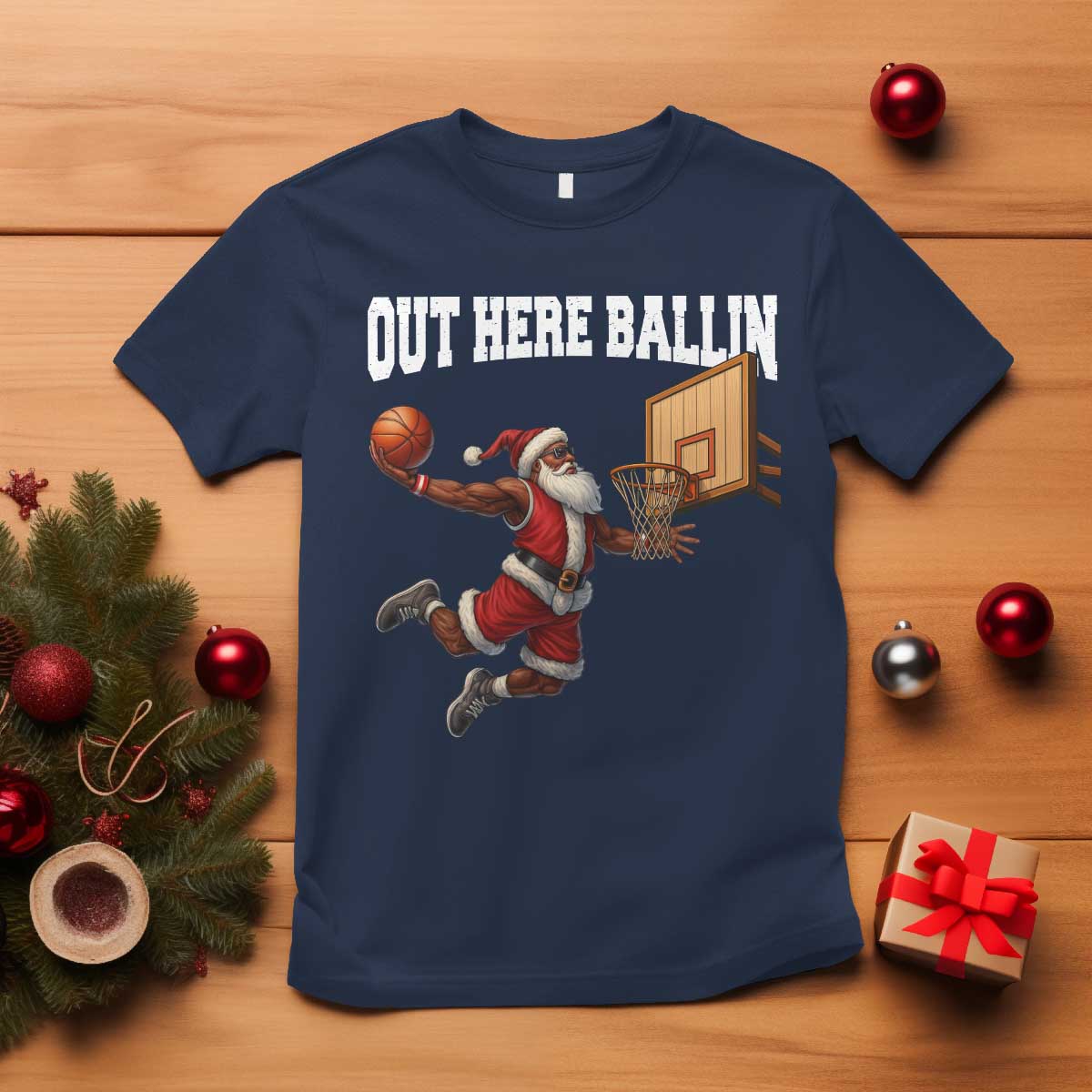 Funny Black Santa Christmas Basketball T Shirt Out Here Ballin Xmas Santa Sport - African Pride