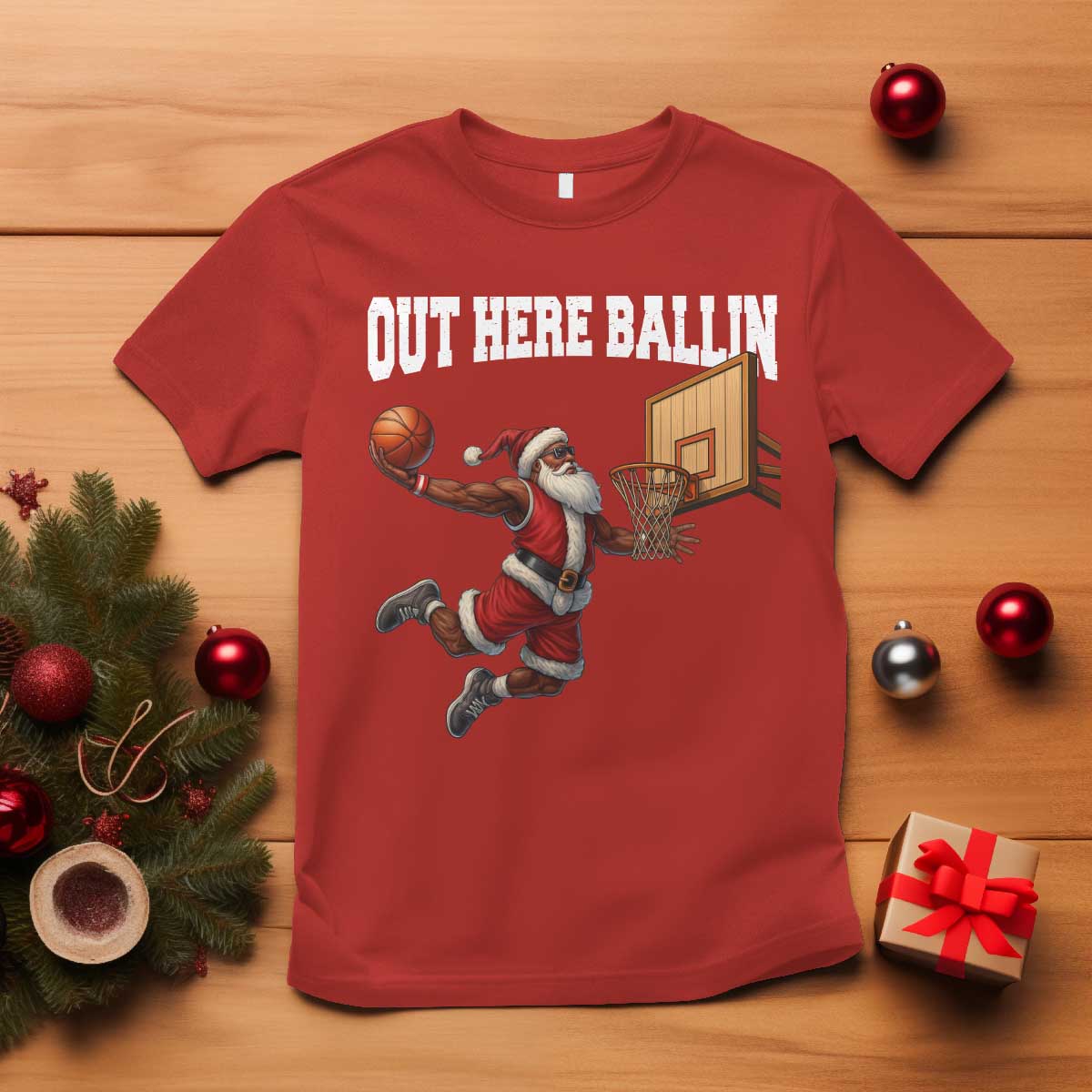 Funny Black Santa Christmas Basketball T Shirt Out Here Ballin Xmas Santa Sport - African Pride