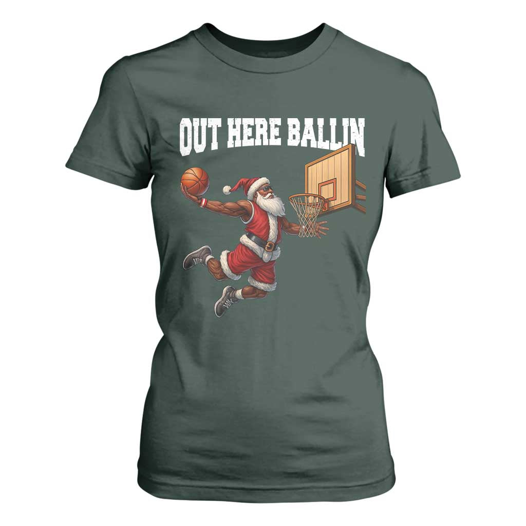 Funny Black Santa Christmas Basketball T Shirt For Women Out Here Ballin Xmas Santa Sport - African Pride