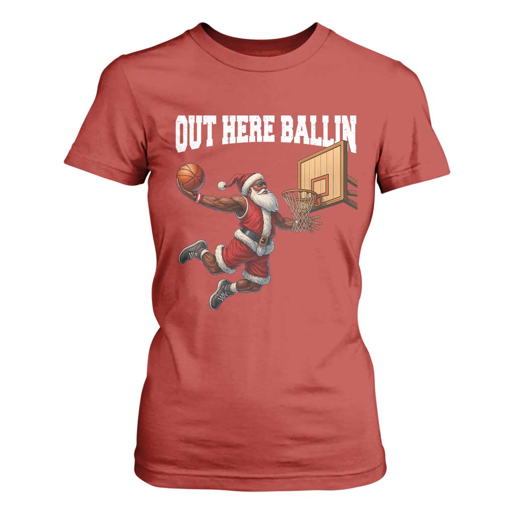 Funny Black Santa Christmas Basketball T Shirt For Women Out Here Ballin Xmas Santa Sport - African Pride