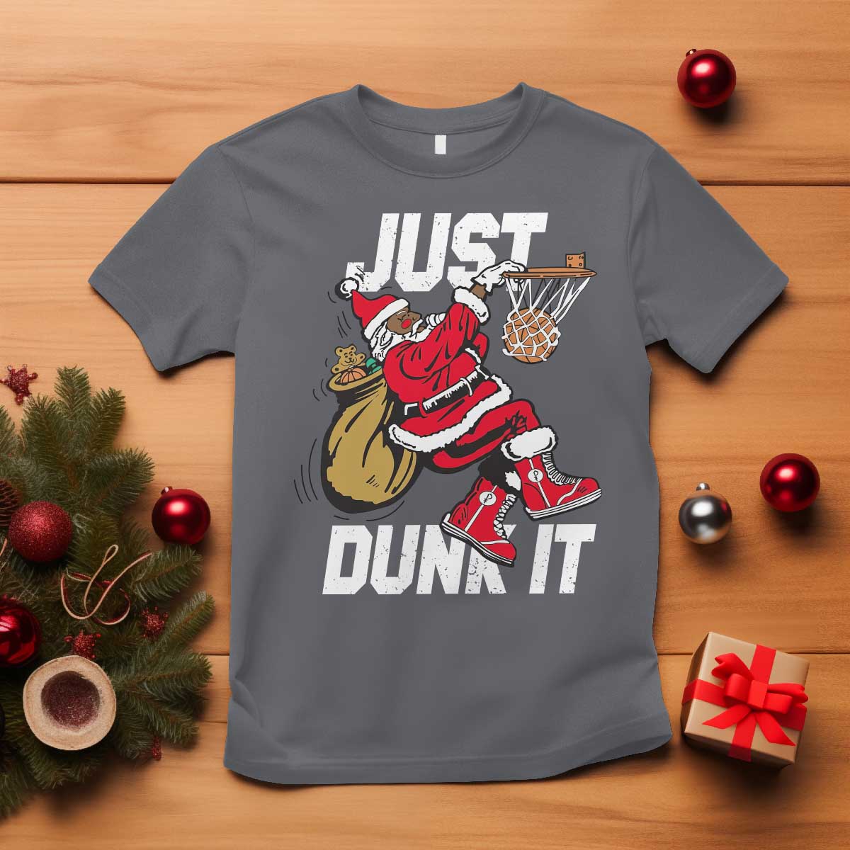 Funny Black Santa Christmas Basketball T Shirt Just Dunk It Xmas Sport - African Pride