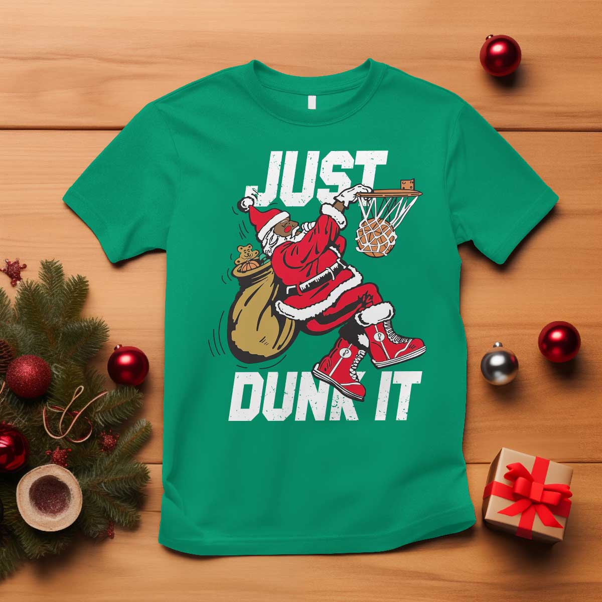 Funny Black Santa Christmas Basketball T Shirt Just Dunk It Xmas Sport - African Pride