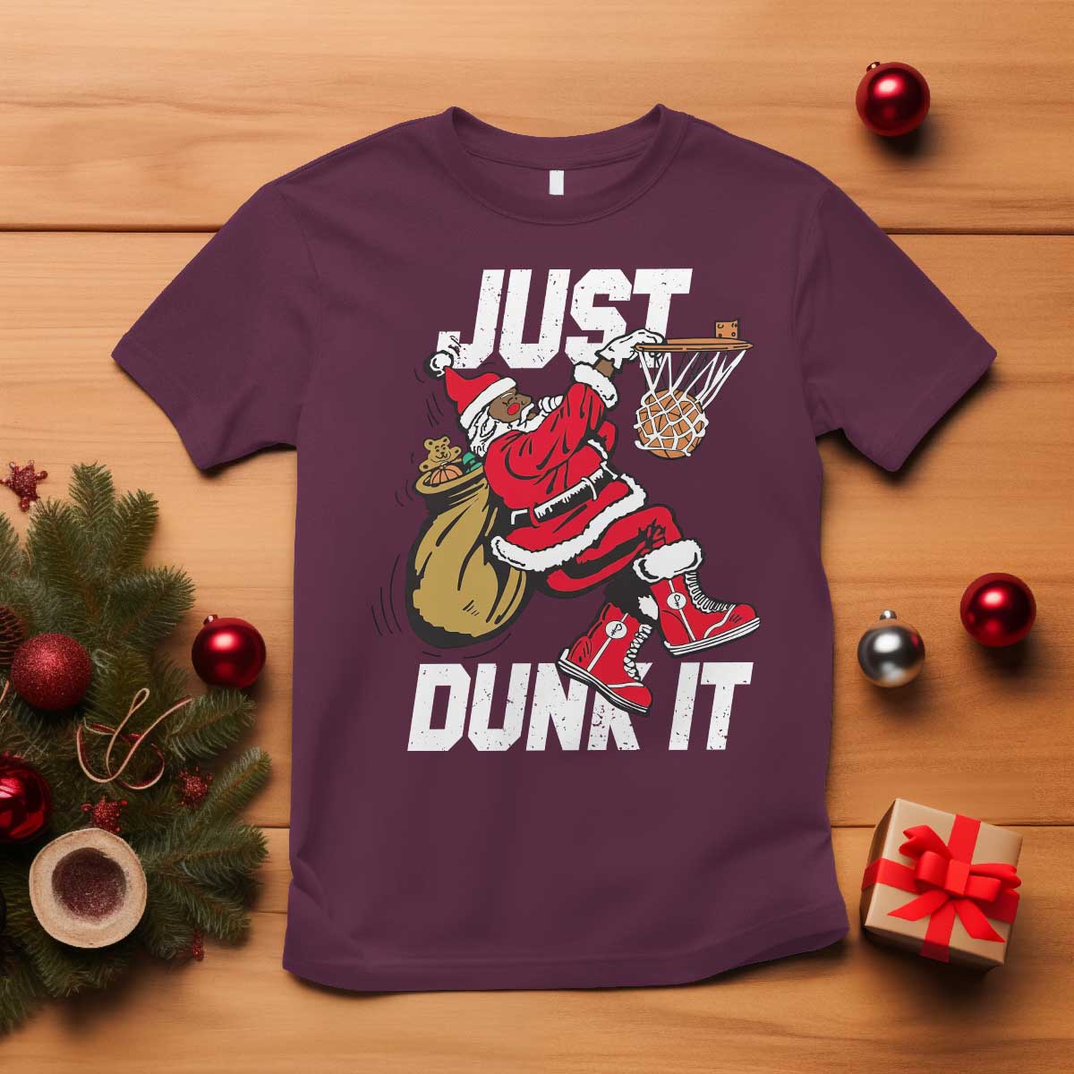 Funny Black Santa Christmas Basketball T Shirt Just Dunk It Xmas Sport - African Pride