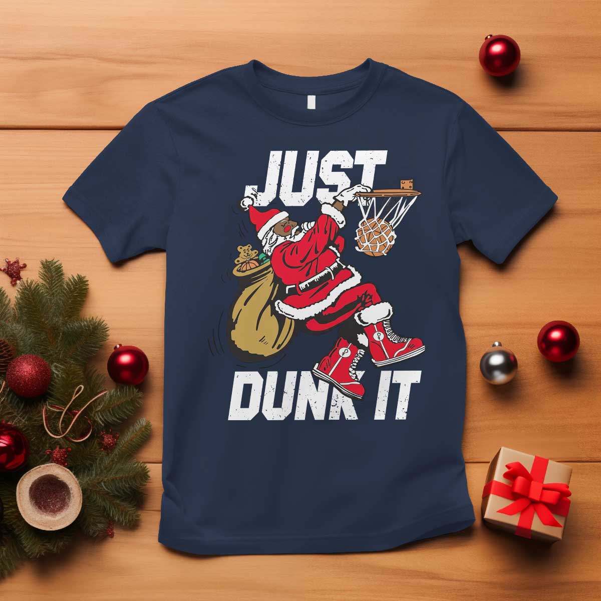 Funny Black Santa Christmas Basketball T Shirt Just Dunk It Xmas Sport - African Pride