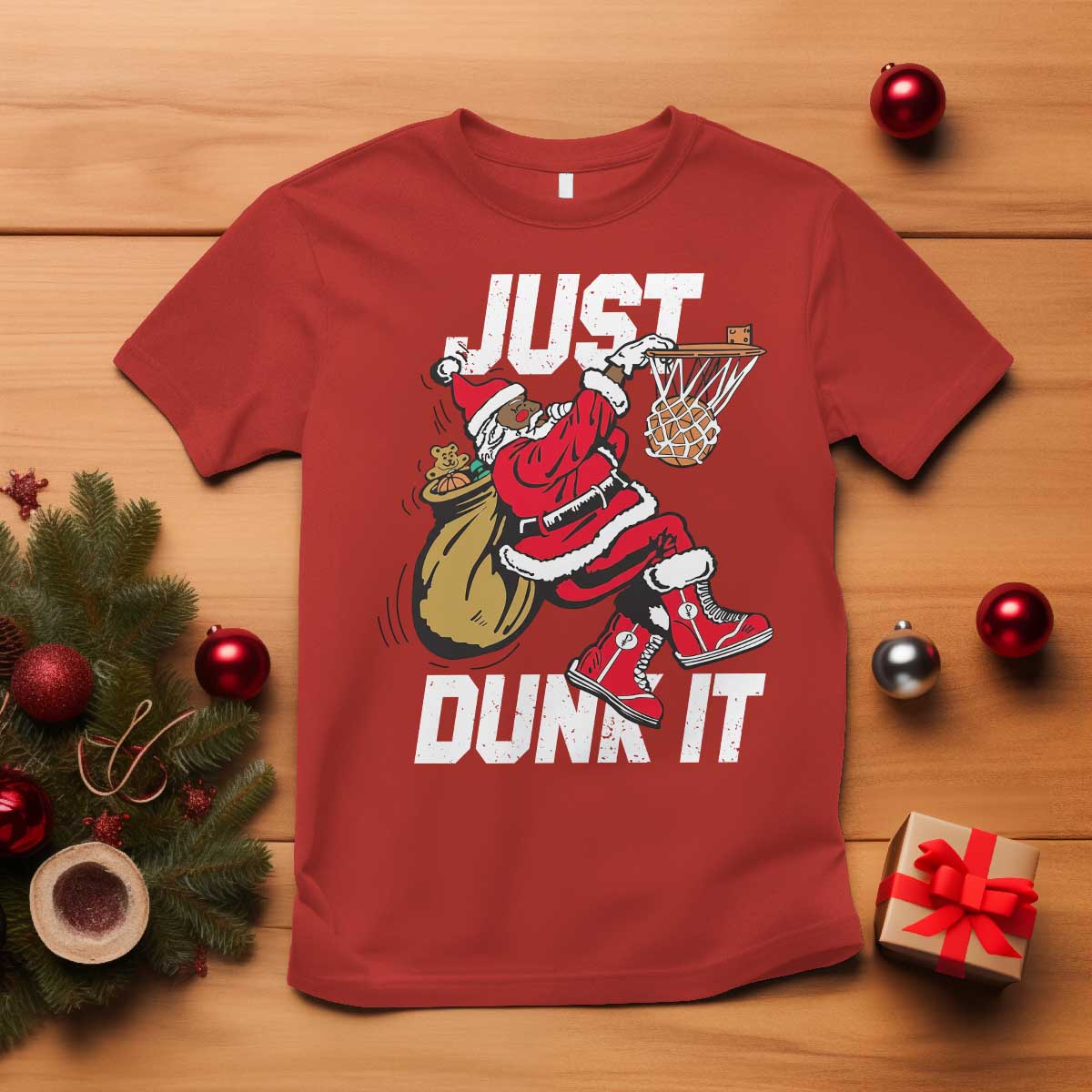 Funny Black Santa Christmas Basketball T Shirt Just Dunk It Xmas Sport - African Pride
