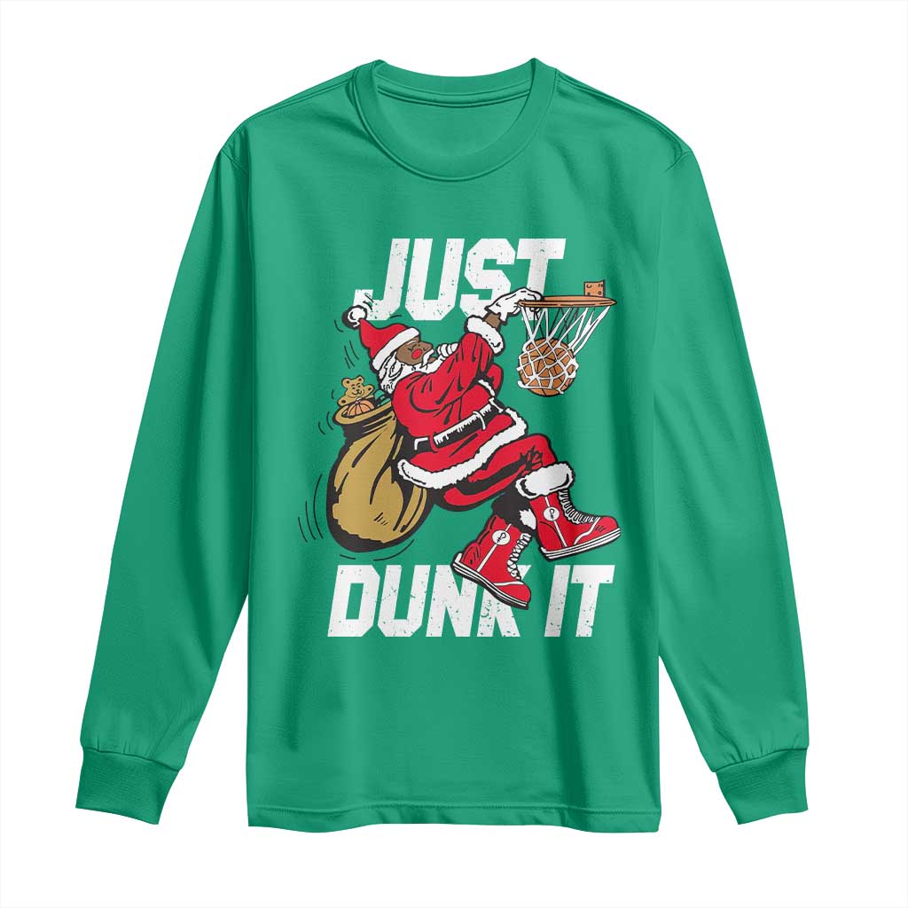 Funny Black Santa Christmas Basketball Long Sleeve Shirt Just Dunk It Xmas Sport - African Pride
