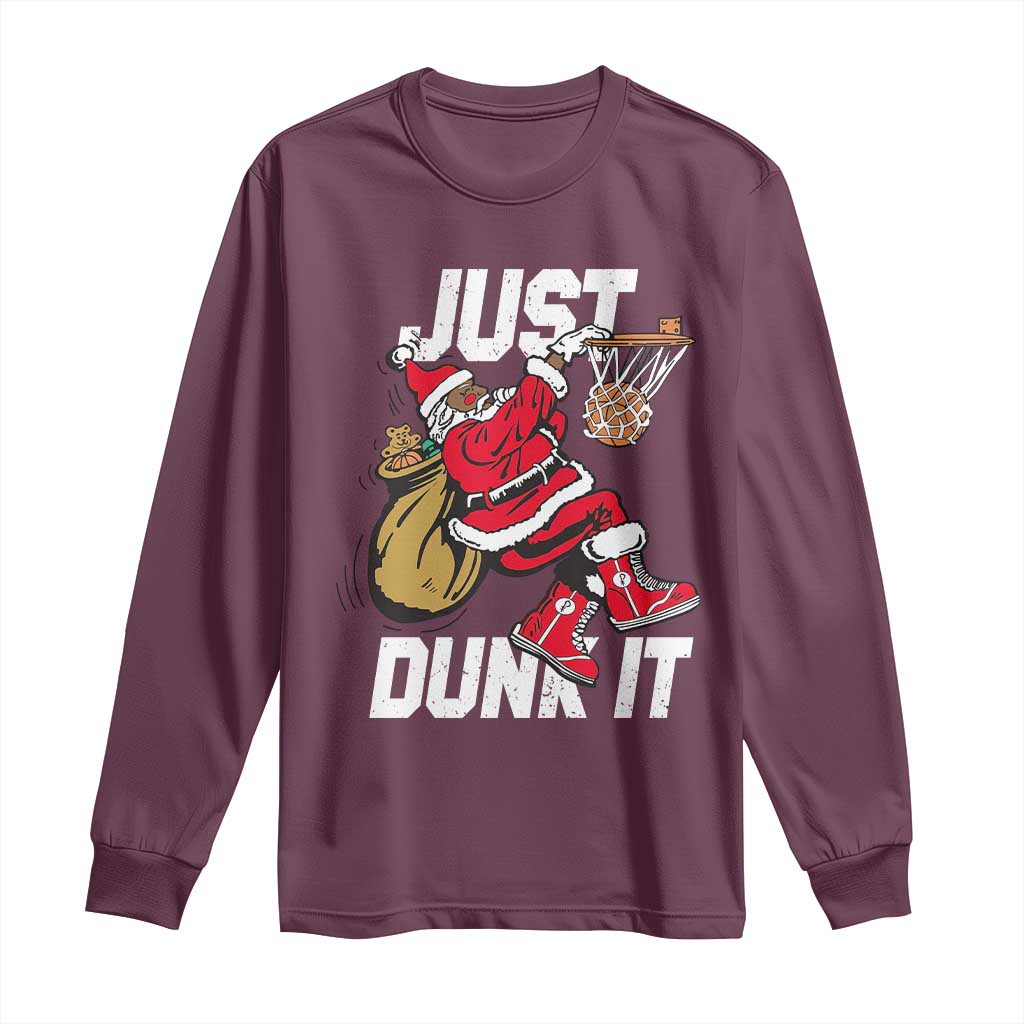 Funny Black Santa Christmas Basketball Long Sleeve Shirt Just Dunk It Xmas Sport - African Pride