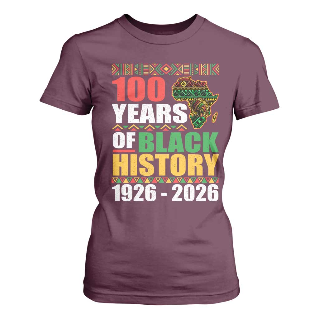 100 Years Of Black History 1926 2026 Centennial T Shirt For Women Africa Map