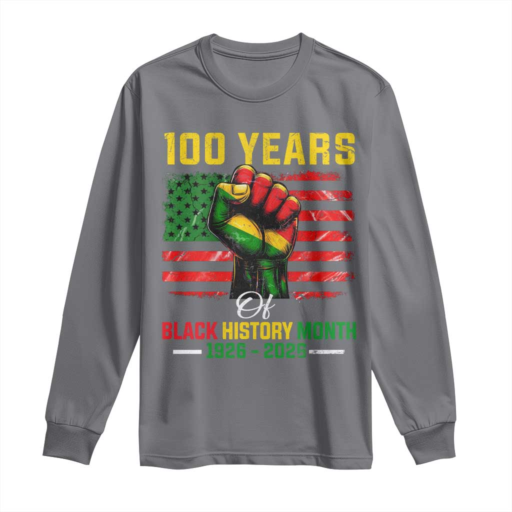 100 Years Of Black History Month Long Sleeve Shirt Hand Fist African American Milestone American Flag