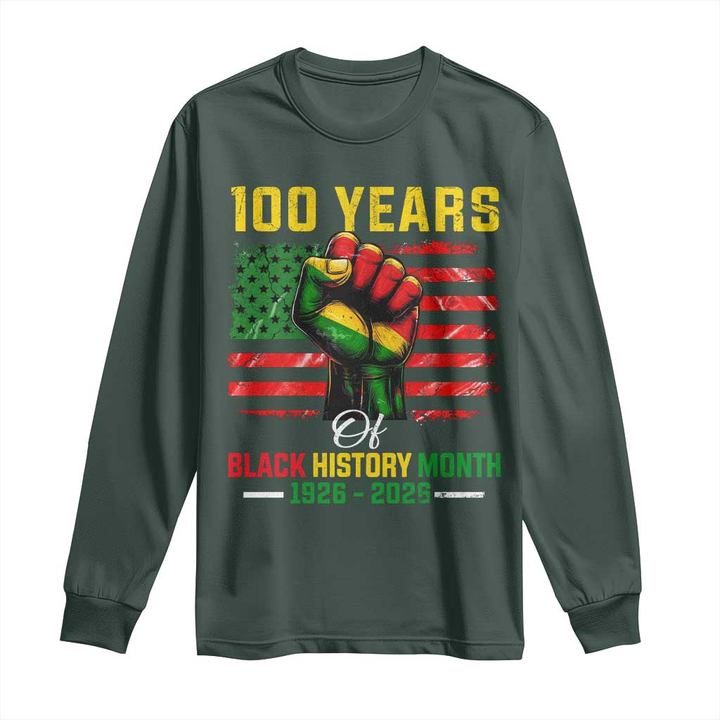 100 Years Of Black History Month Long Sleeve Shirt Hand Fist African American Milestone American Flag