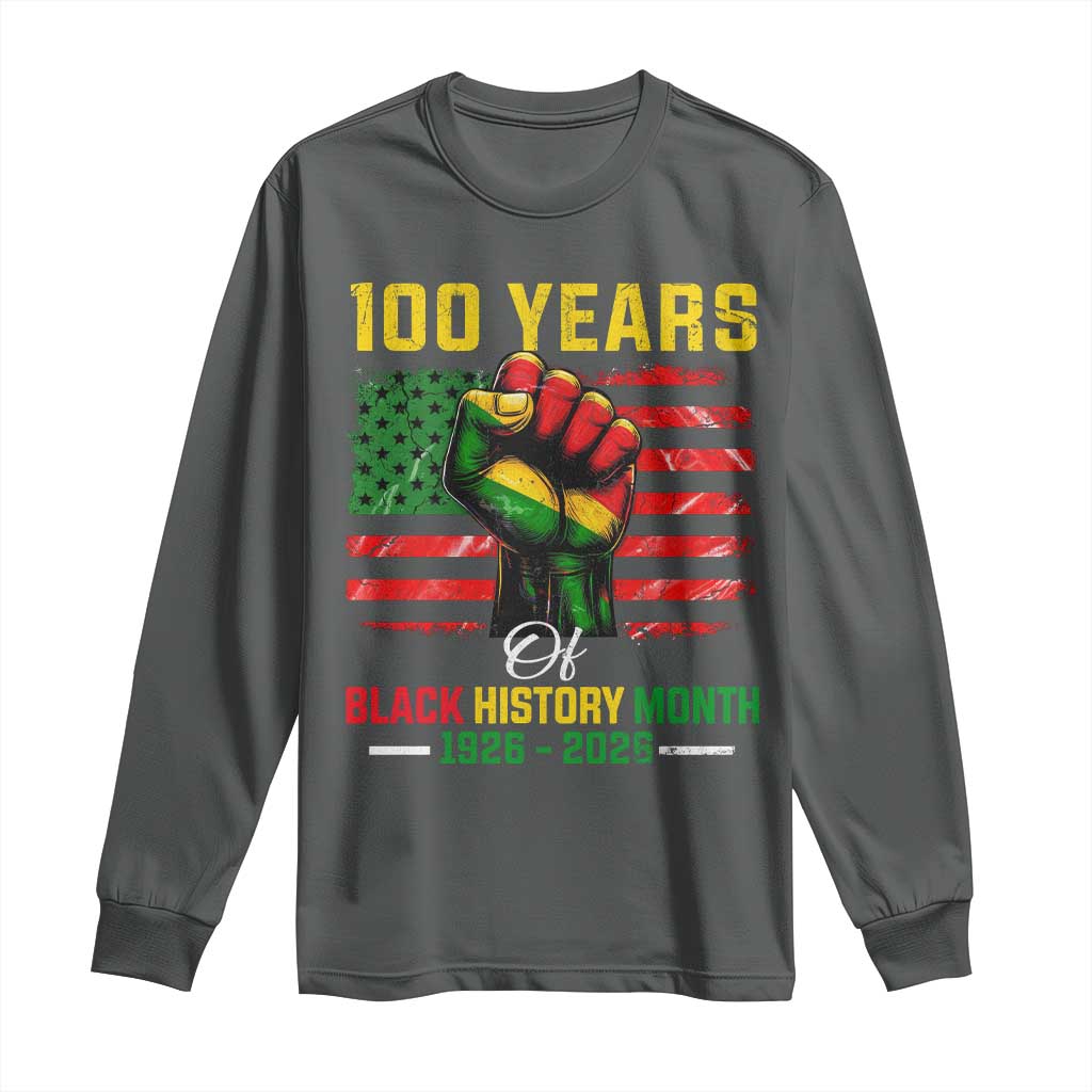 100 Years Of Black History Month Long Sleeve Shirt Hand Fist African American Milestone American Flag