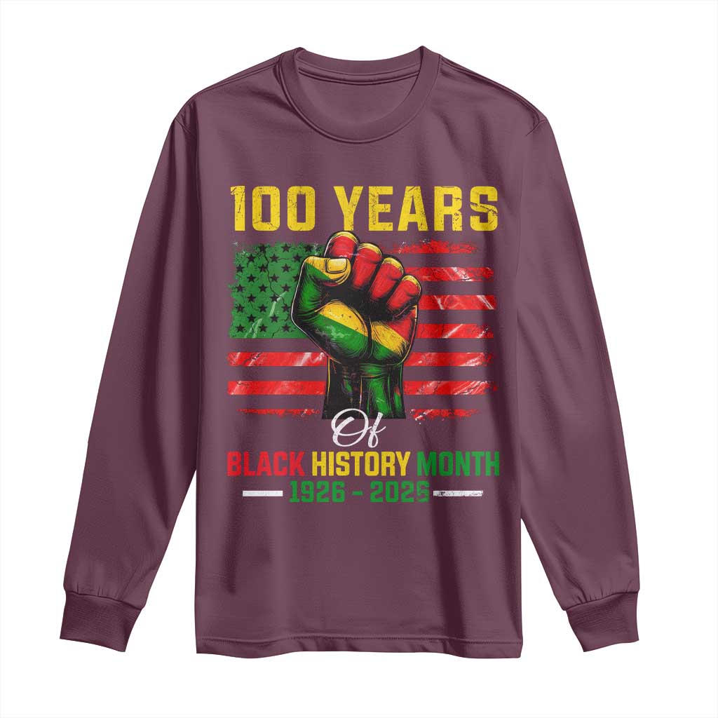 100 Years Of Black History Month Long Sleeve Shirt Hand Fist African American Milestone American Flag