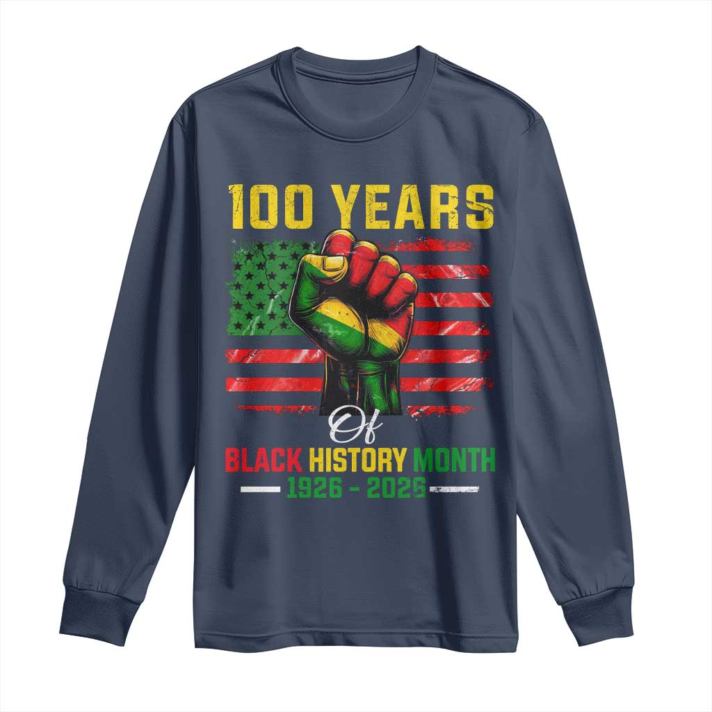 100 Years Of Black History Month Long Sleeve Shirt Hand Fist African American Milestone American Flag
