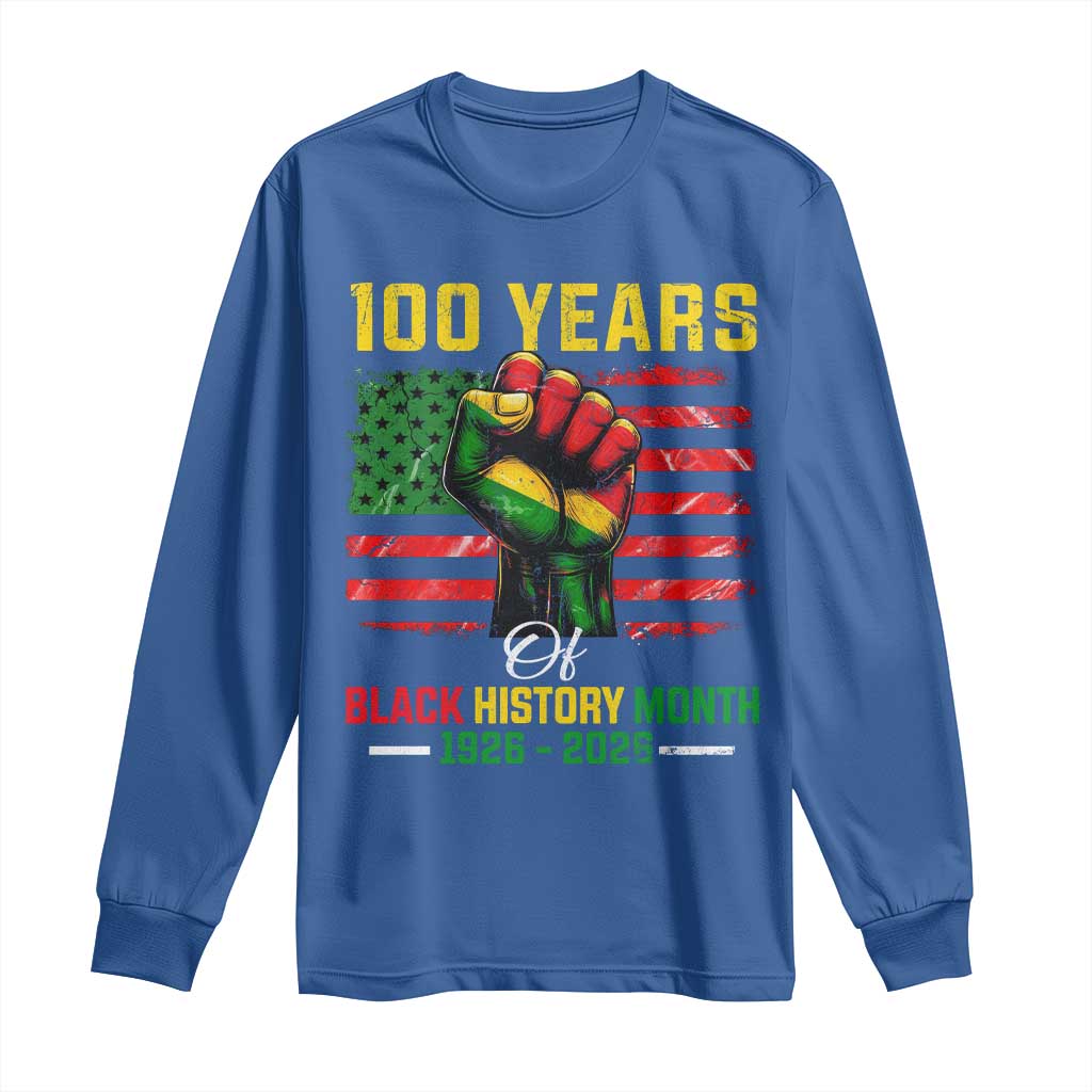 100 Years Of Black History Month Long Sleeve Shirt Hand Fist African American Milestone American Flag
