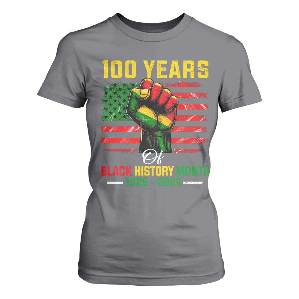 100 Years Of Black History Month T Shirt For Women Hand Fist African American Milestone American Flag
