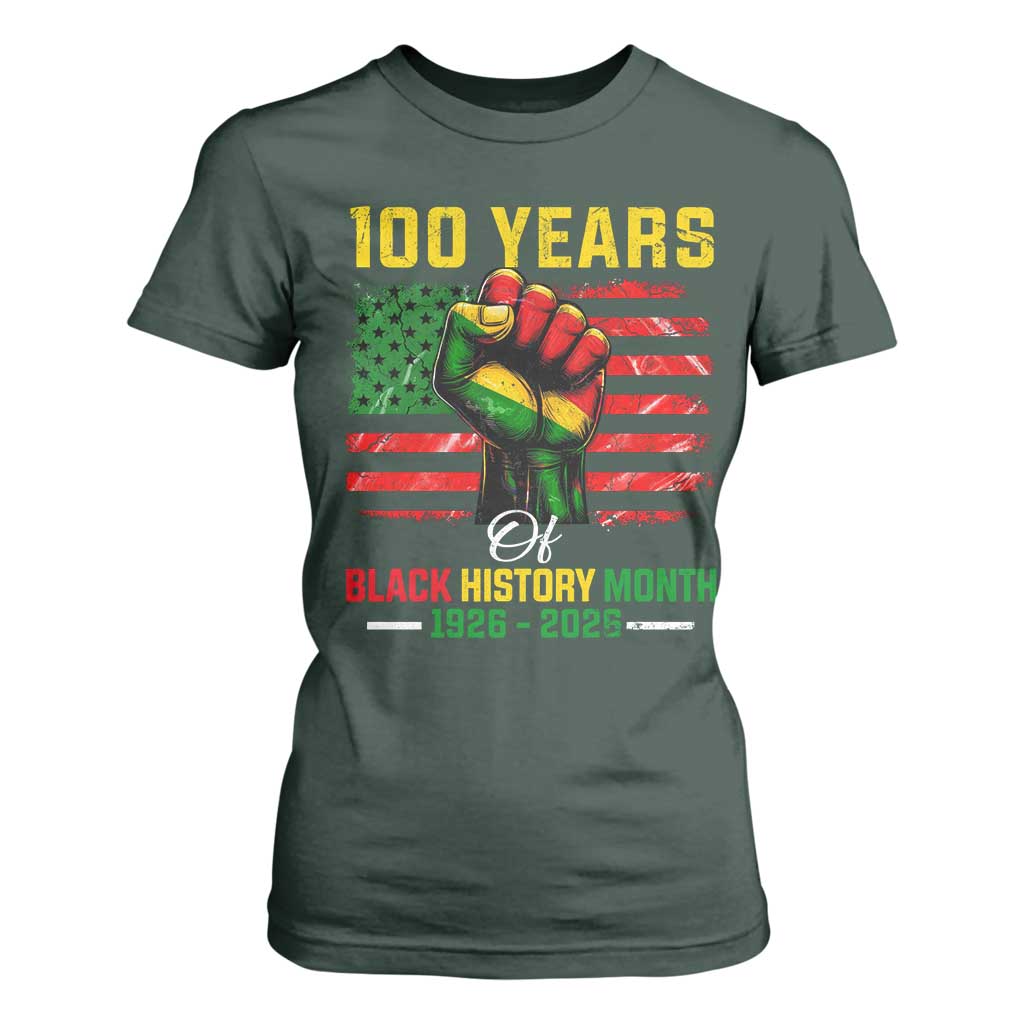 100 Years Of Black History Month T Shirt For Women Hand Fist African American Milestone American Flag