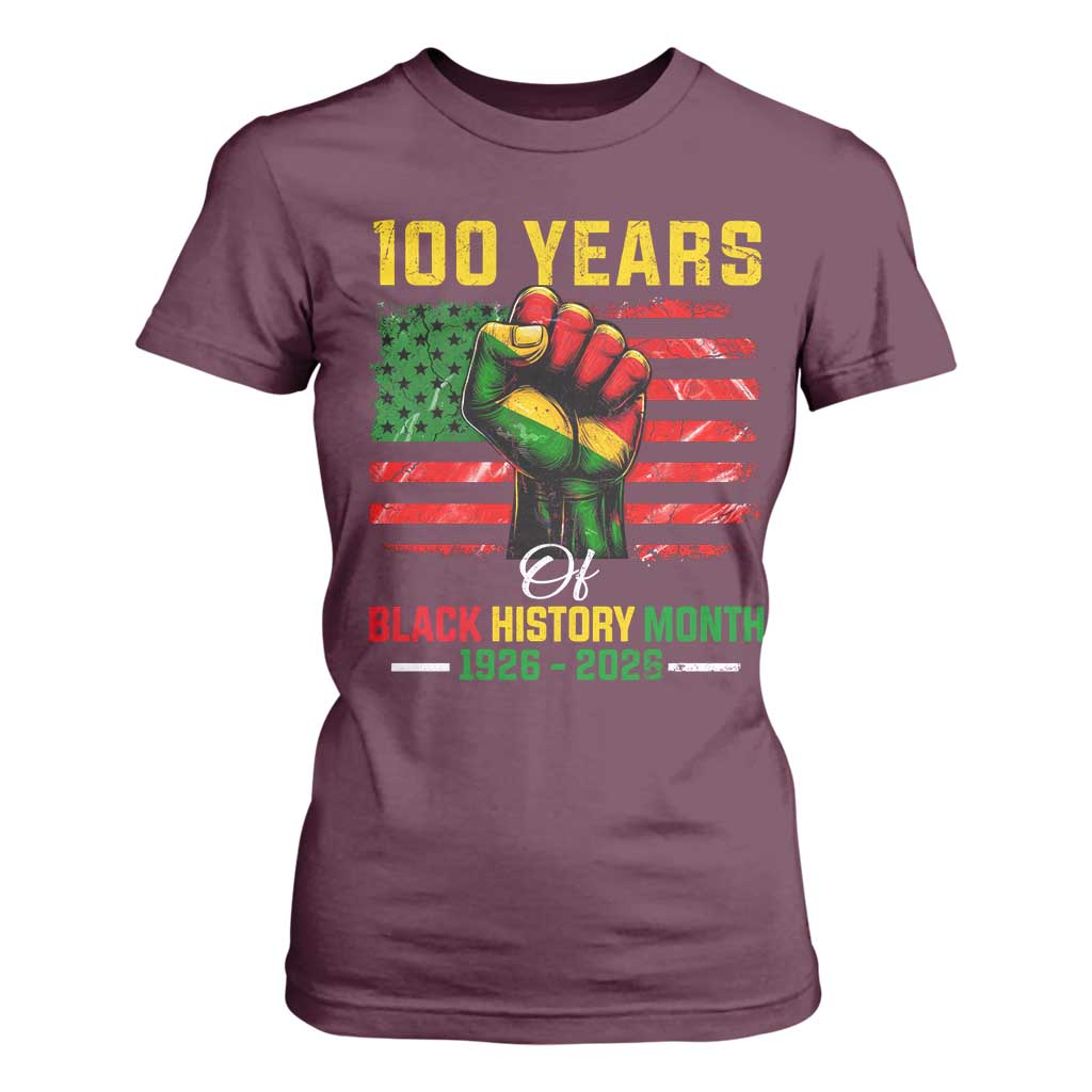 100 Years Of Black History Month T Shirt For Women Hand Fist African American Milestone American Flag