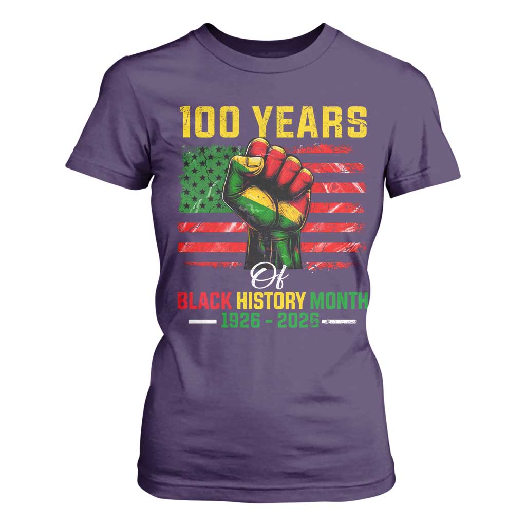 100 Years Of Black History Month T Shirt For Women Hand Fist African American Milestone American Flag