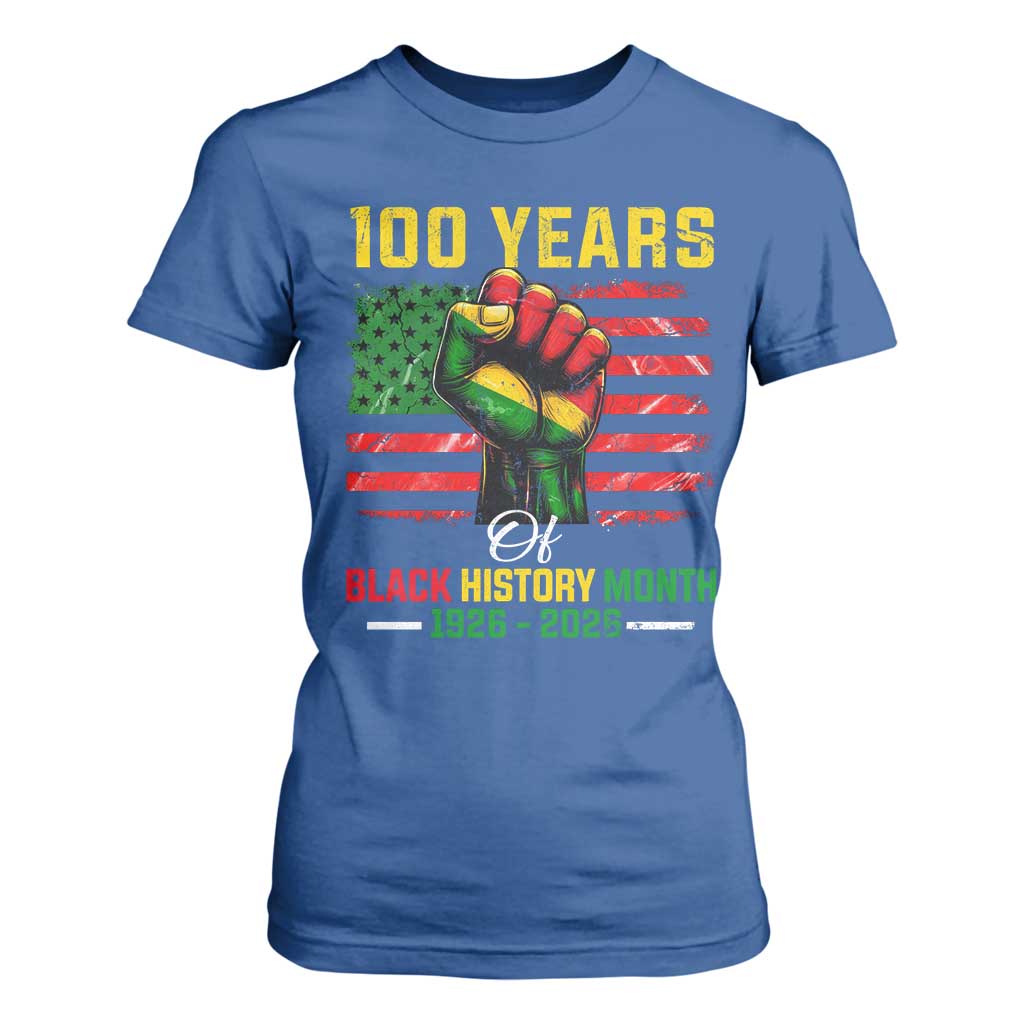 100 Years Of Black History Month T Shirt For Women Hand Fist African American Milestone American Flag