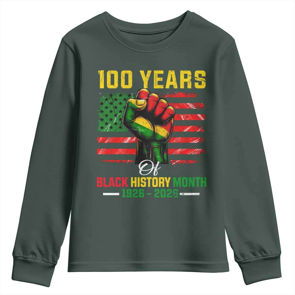 100 Years Of Black History Month Youth Sweatshirt Hand Fist African American Milestone American Flag
