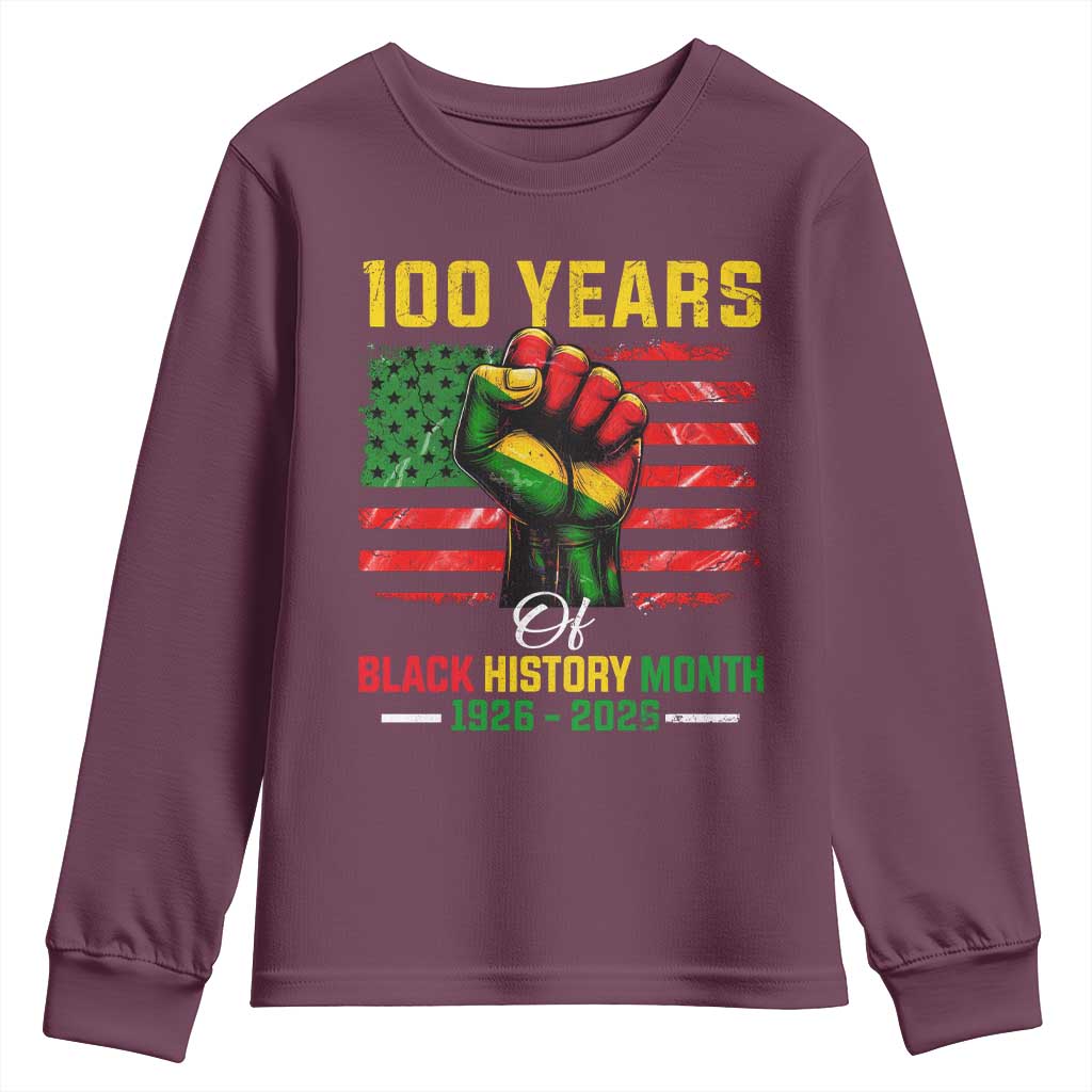 100 Years Of Black History Month Youth Sweatshirt Hand Fist African American Milestone American Flag