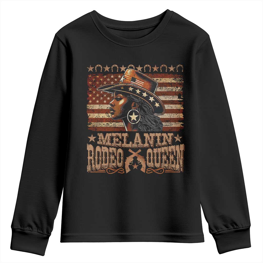 Melanin Rodeo Queen Youth Sweatshirt Black Cowgirl Western Vintage American Flag