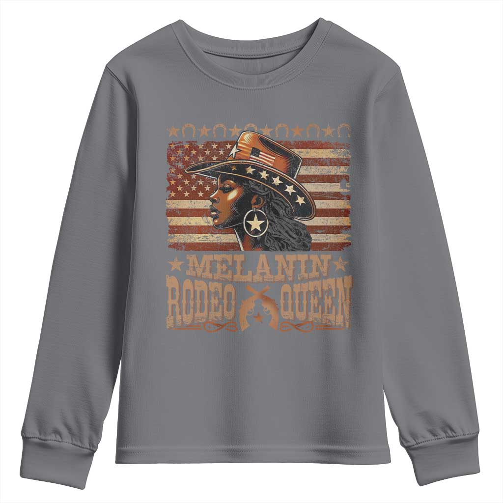 Melanin Rodeo Queen Youth Sweatshirt Black Cowgirl Western Vintage American Flag