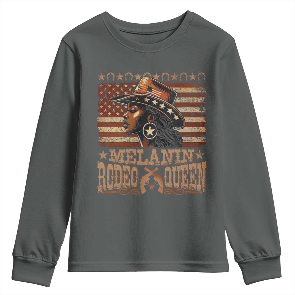 Melanin Rodeo Queen Youth Sweatshirt Black Cowgirl Western Vintage American Flag