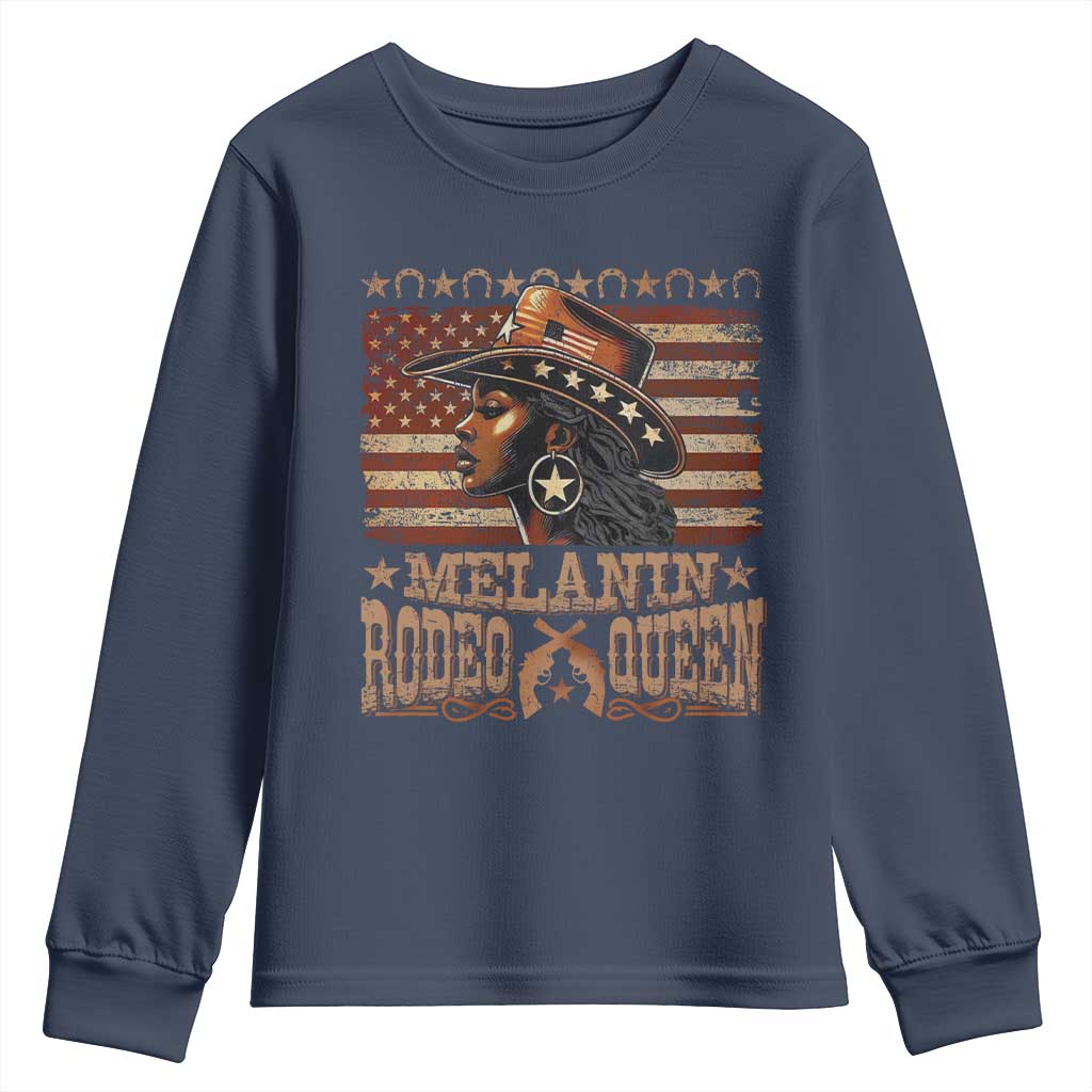 Melanin Rodeo Queen Youth Sweatshirt Black Cowgirl Western Vintage American Flag