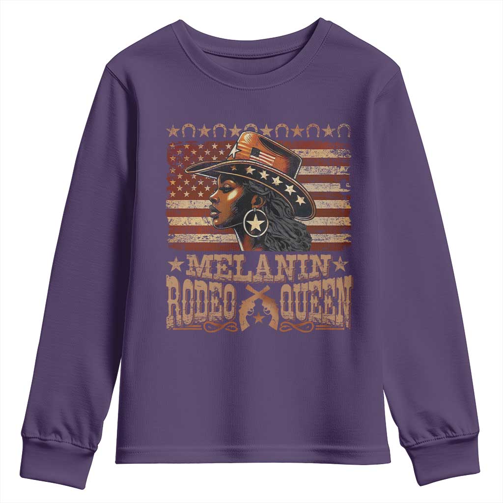 Melanin Rodeo Queen Youth Sweatshirt Black Cowgirl Western Vintage American Flag