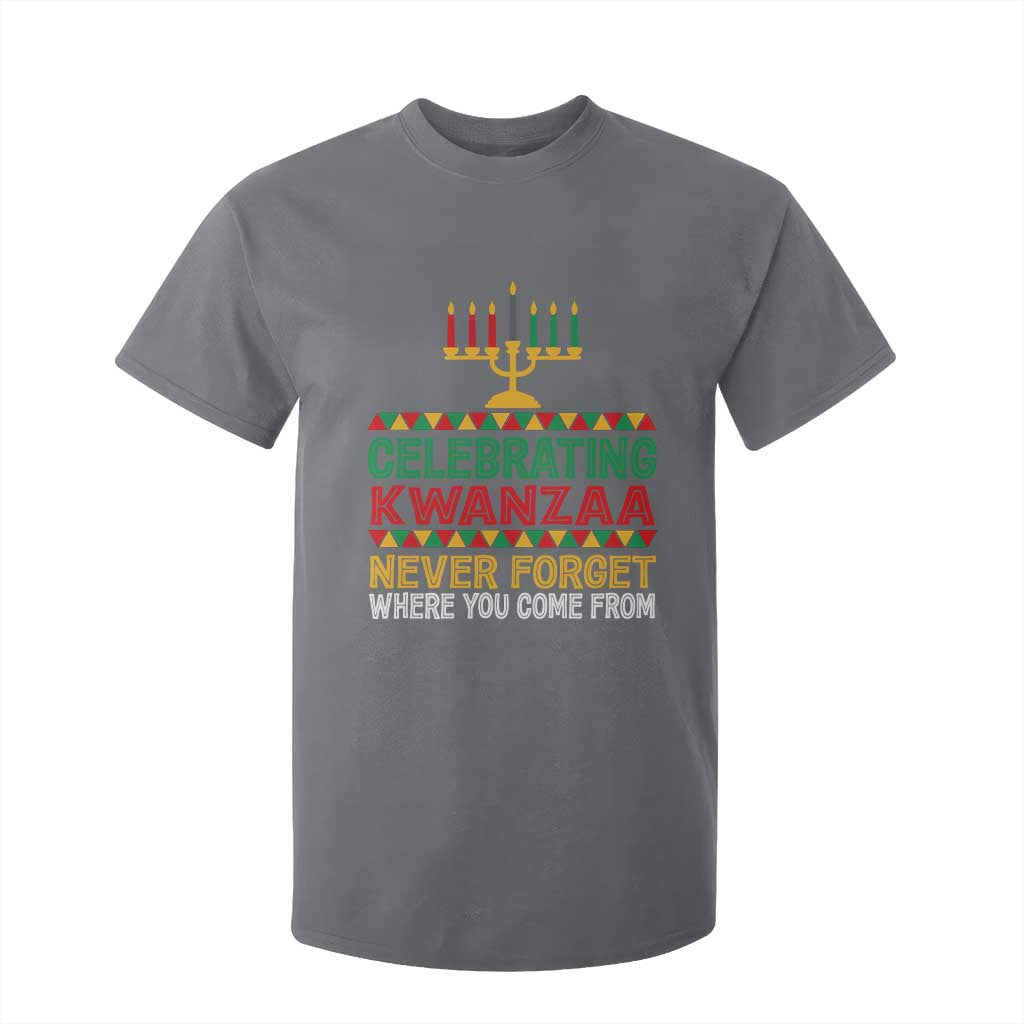 Celebrating Kwanzaa Never Forget Where You Come From Kinara Candle African American Christmas T Shirt For Kid