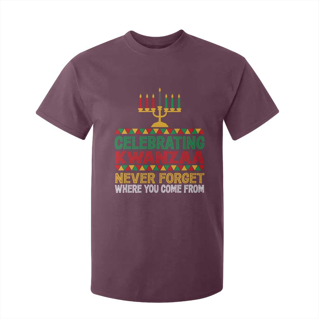 Celebrating Kwanzaa Never Forget Where You Come From Kinara Candle African American Christmas T Shirt For Kid