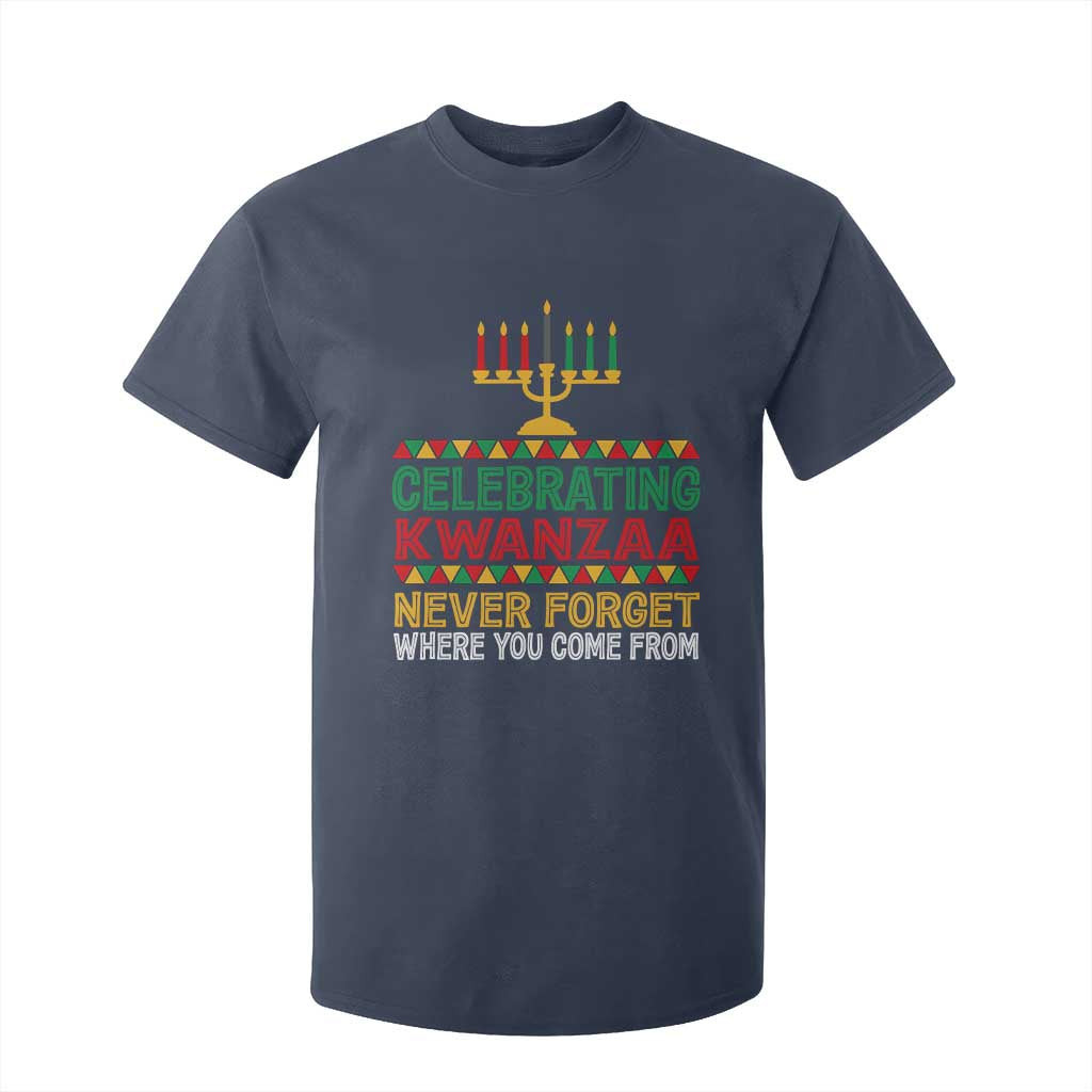 Celebrating Kwanzaa Never Forget Where You Come From Kinara Candle African American Christmas T Shirt For Kid