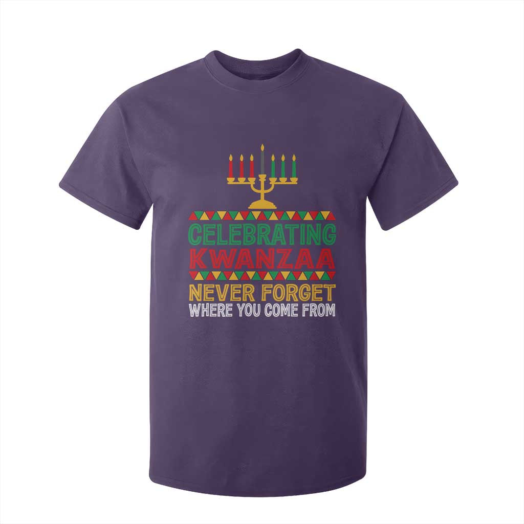Celebrating Kwanzaa Never Forget Where You Come From Kinara Candle African American Christmas T Shirt For Kid