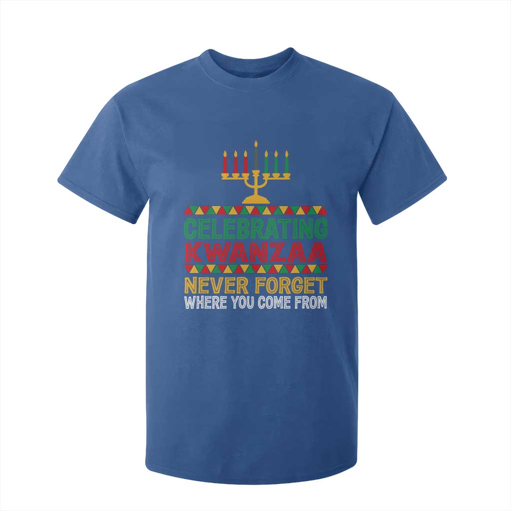 Celebrating Kwanzaa Never Forget Where You Come From Kinara Candle African American Christmas T Shirt For Kid
