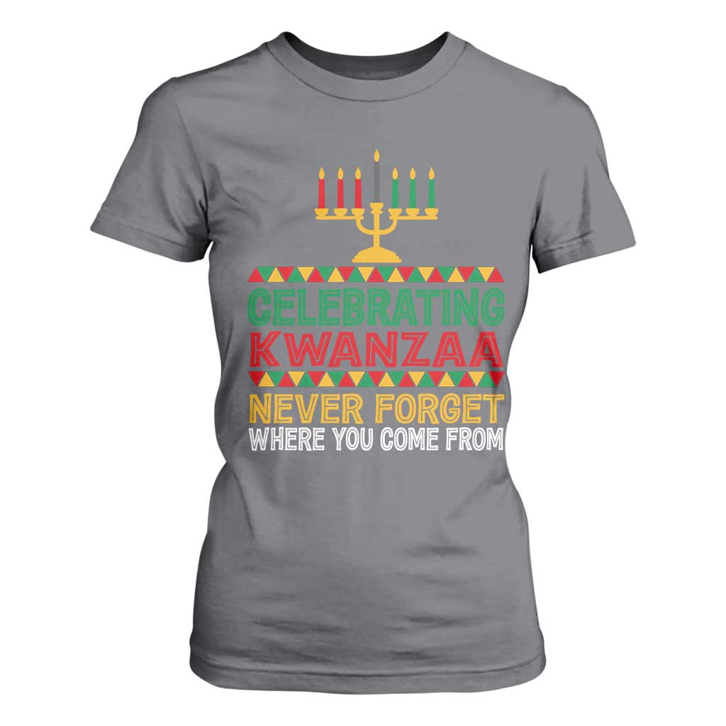 Celebrating Kwanzaa Never Forget Where You Come From Kinara Candle African American Christmas T Shirt For Women