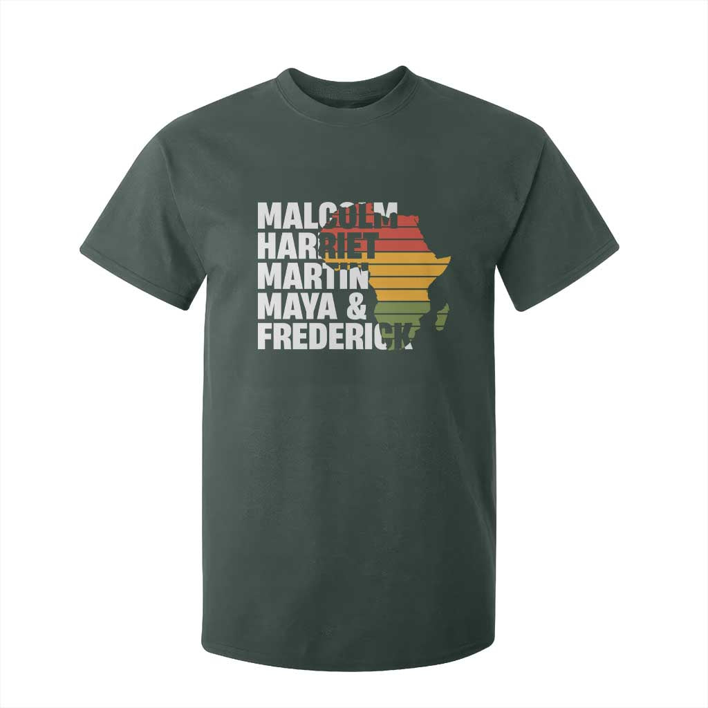 Black Leaders T Shirt For Kid Malcolm Harriet Martin Maya Frederick Africa Map