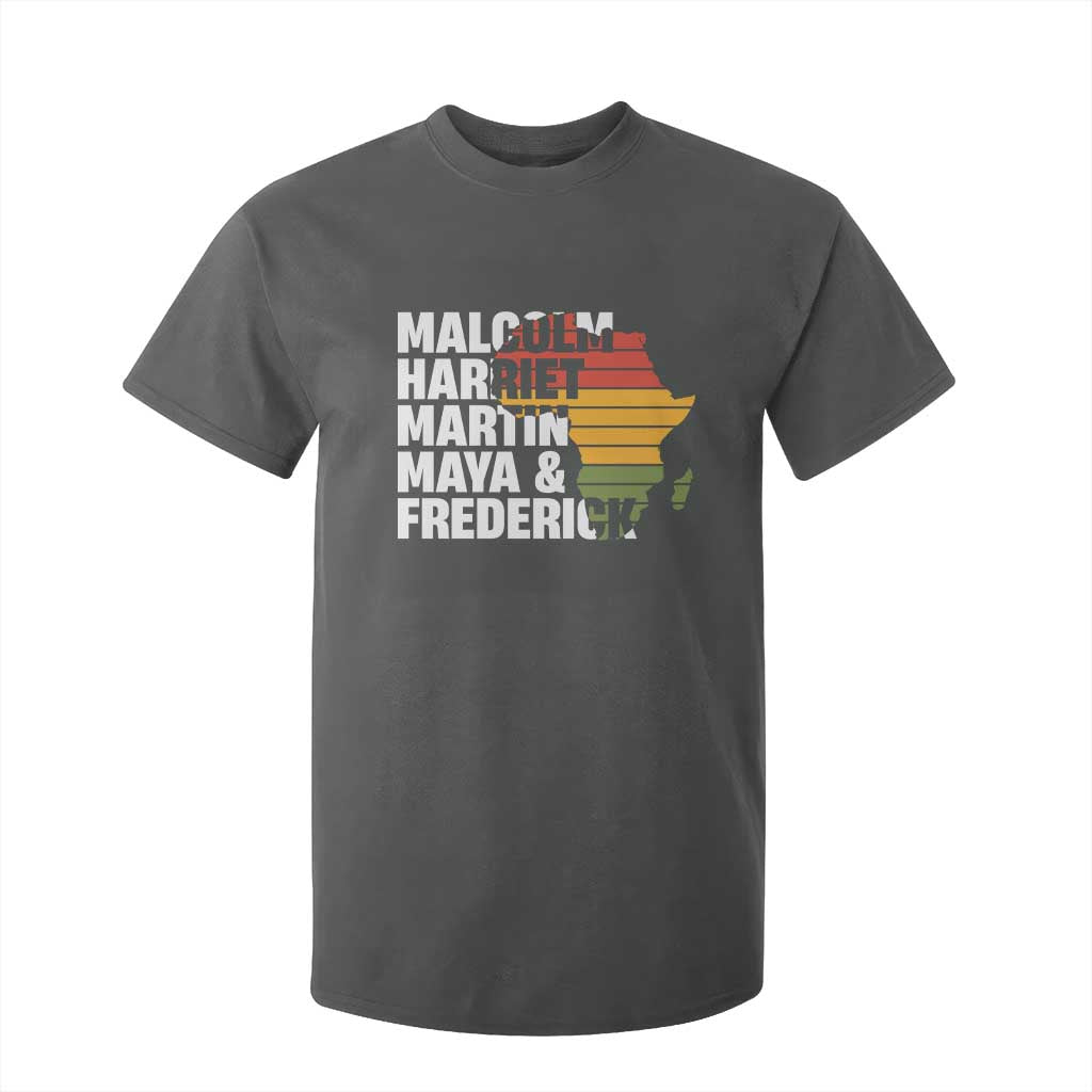 Black Leaders T Shirt For Kid Malcolm Harriet Martin Maya Frederick Africa Map