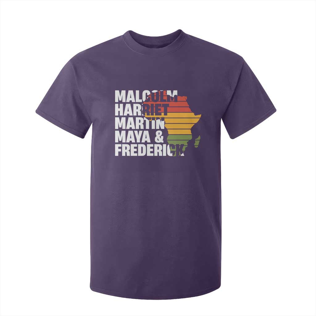 Black Leaders T Shirt For Kid Malcolm Harriet Martin Maya Frederick Africa Map