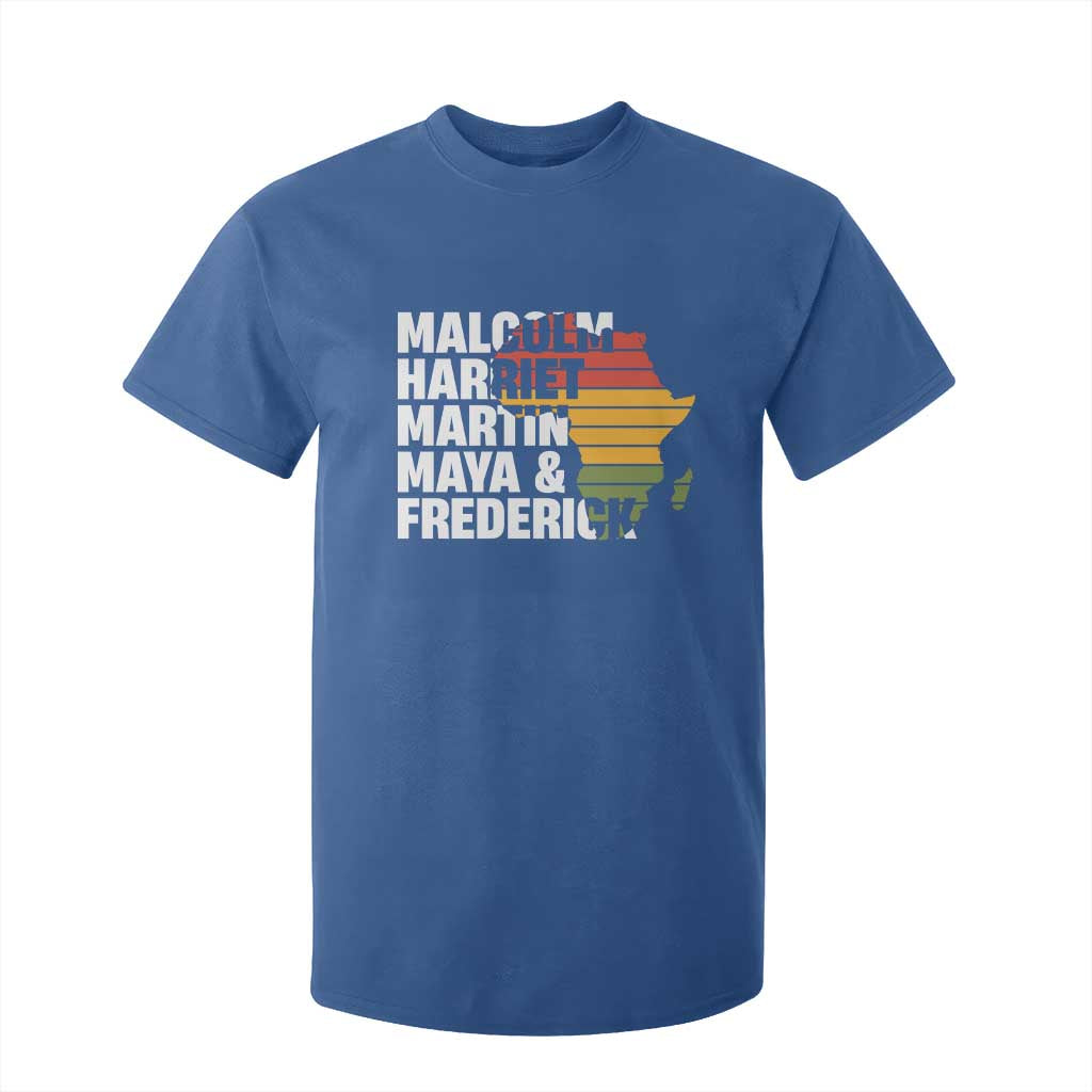 Black Leaders T Shirt For Kid Malcolm Harriet Martin Maya Frederick Africa Map