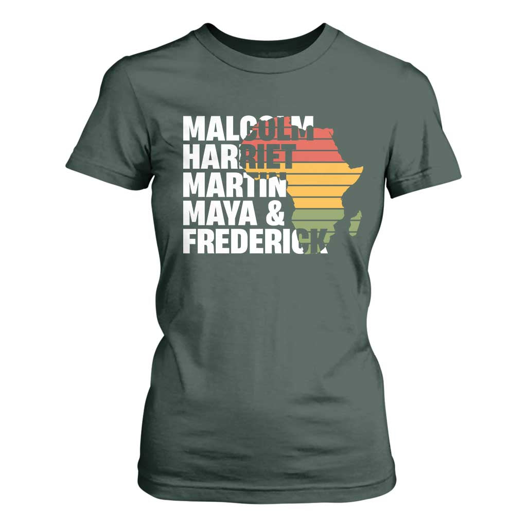 Black Leaders T Shirt For Women Malcolm Harriet Martin Maya Frederick Africa Map
