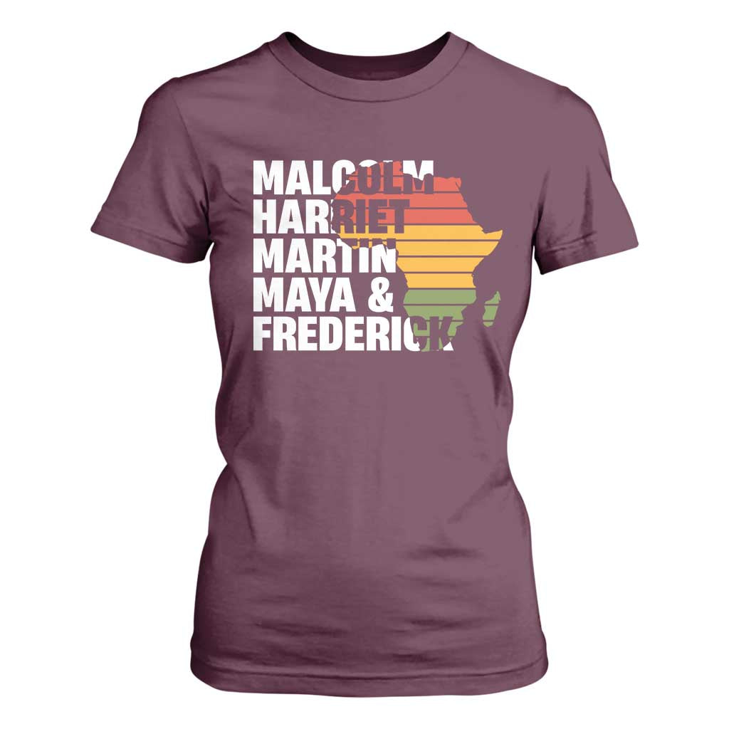 Black Leaders T Shirt For Women Malcolm Harriet Martin Maya Frederick Africa Map