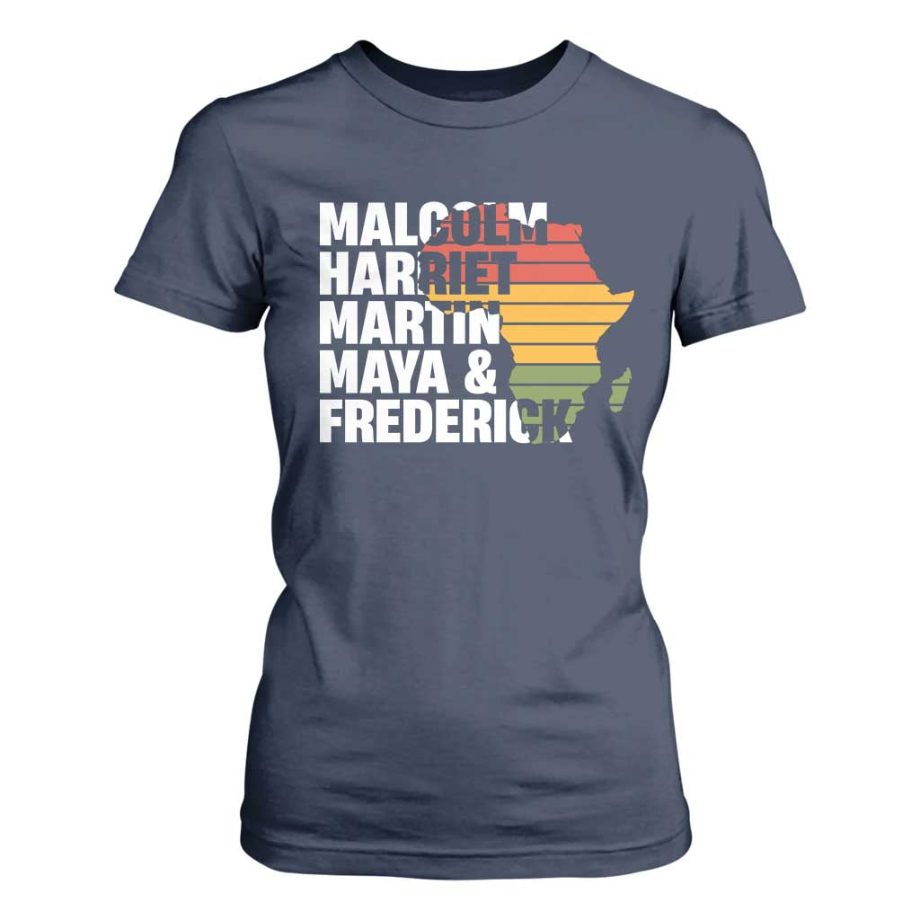 Black Leaders T Shirt For Women Malcolm Harriet Martin Maya Frederick Africa Map